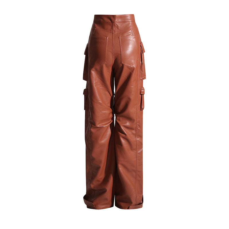 Multi-pocket overalls leather pants personality loose overalls