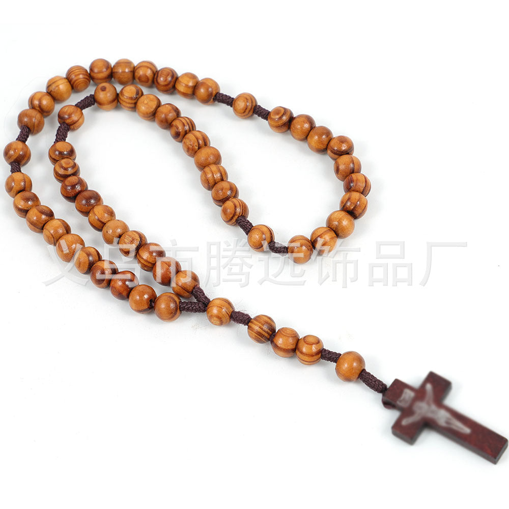 rosary necklace wooden beads cross necklace