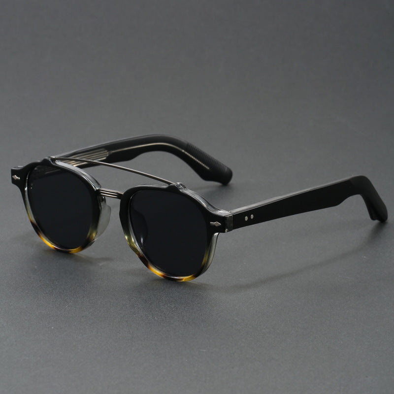 Retro Double Bridge Round Frame Slimming Sunglasses