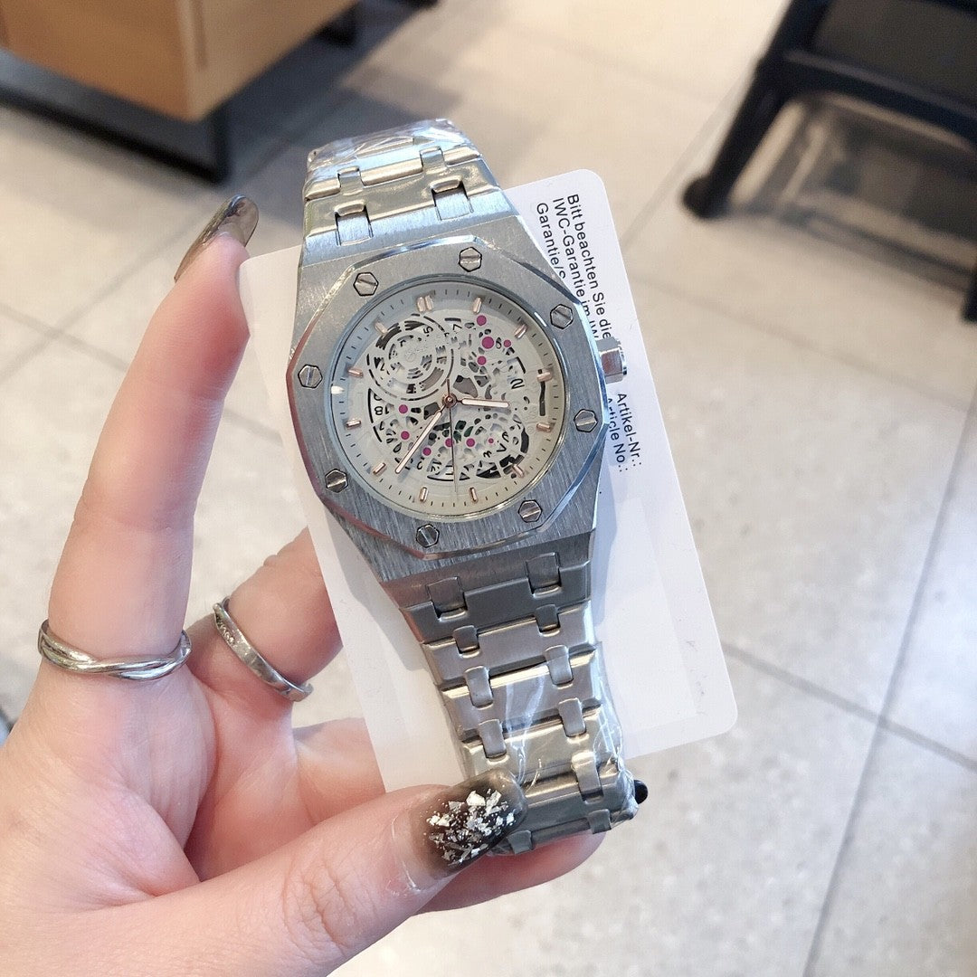 Hexagonal Steel Bracelet Watch with Mechanical Skeleton Dial