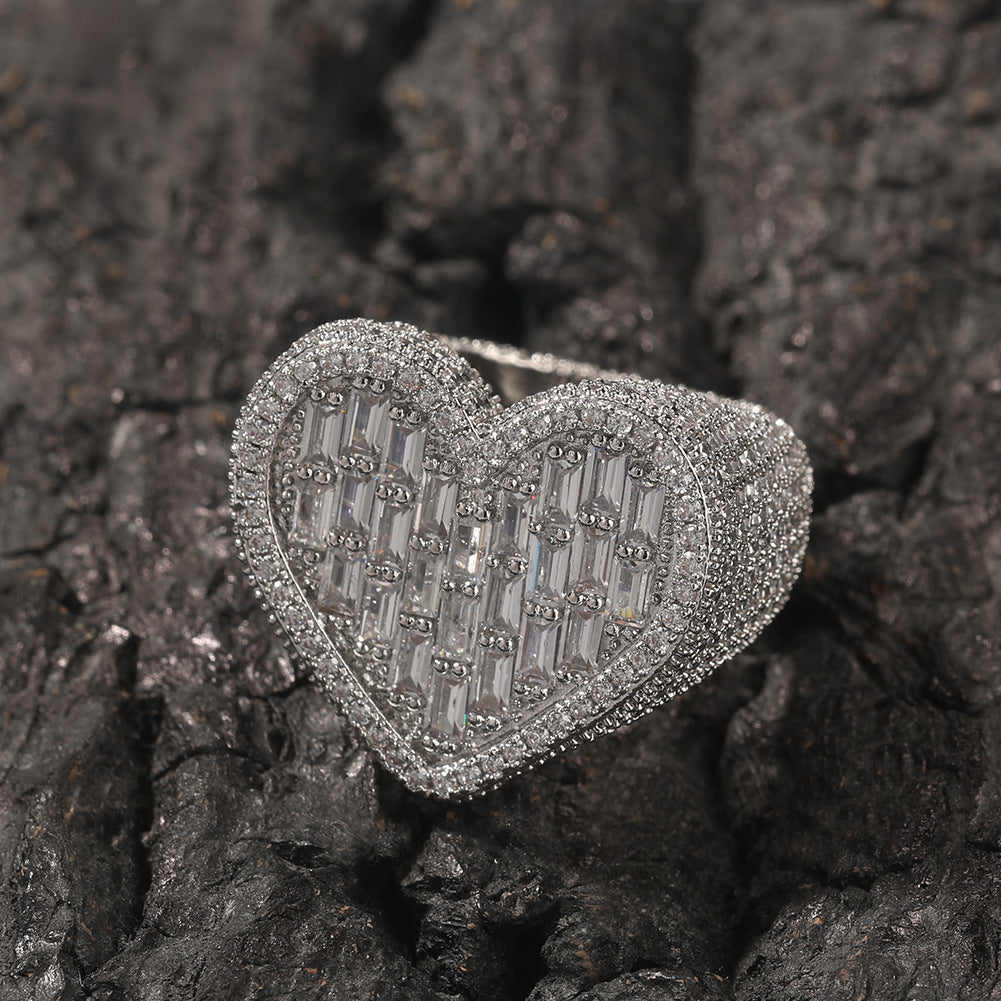 Hip-Hop T-Square & Heart-Shaped Zirconia Ring