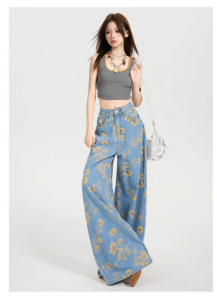 Y2K Floral Print Loose-Fit Flared Denim Trousers
