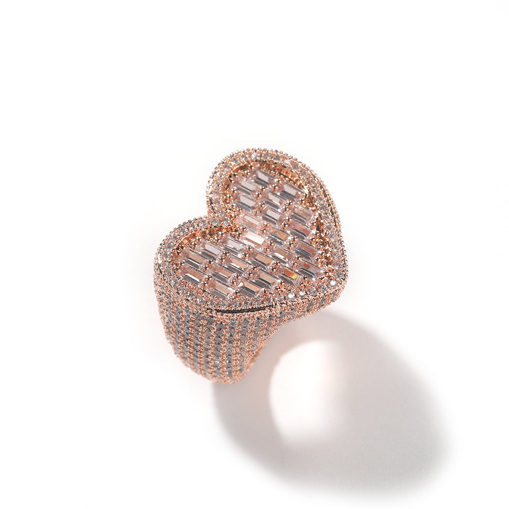 Hip-Hop T-Square & Heart-Shaped Zirconia Ring