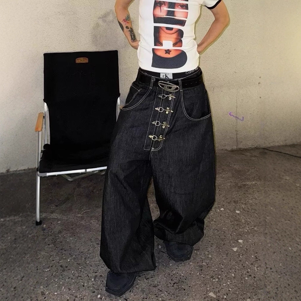 "Aircraft Buckle" Raw-Hem Curved-Leg Jeans