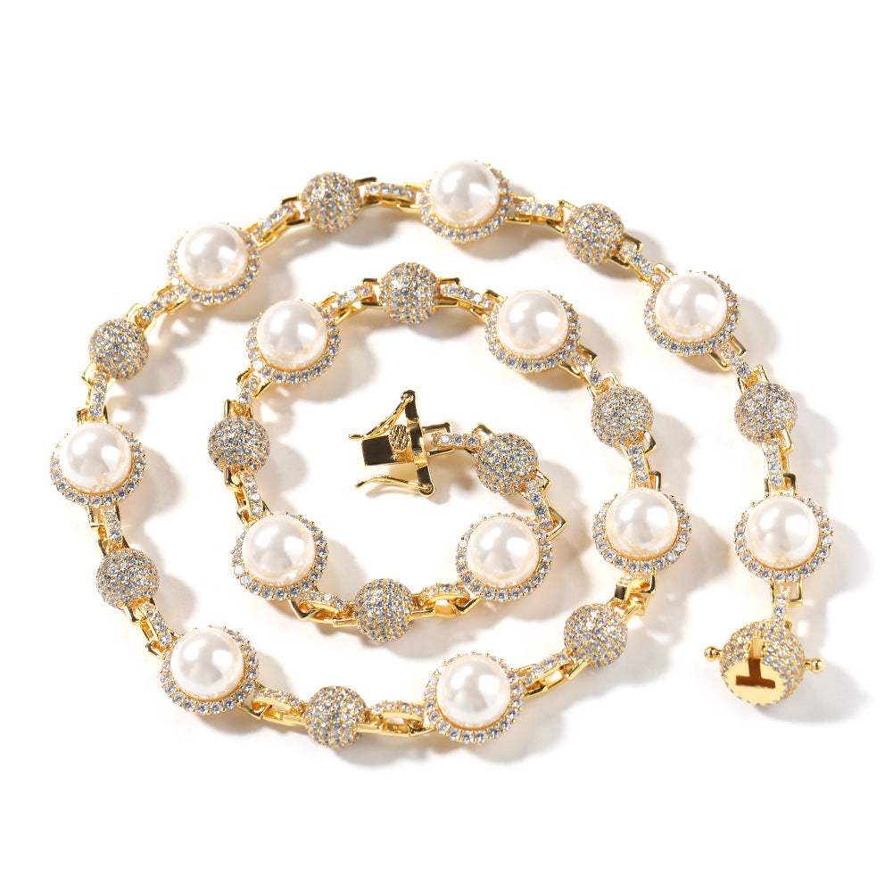 Hip-Hop Silver Pearl Necklace with Diamond Accents