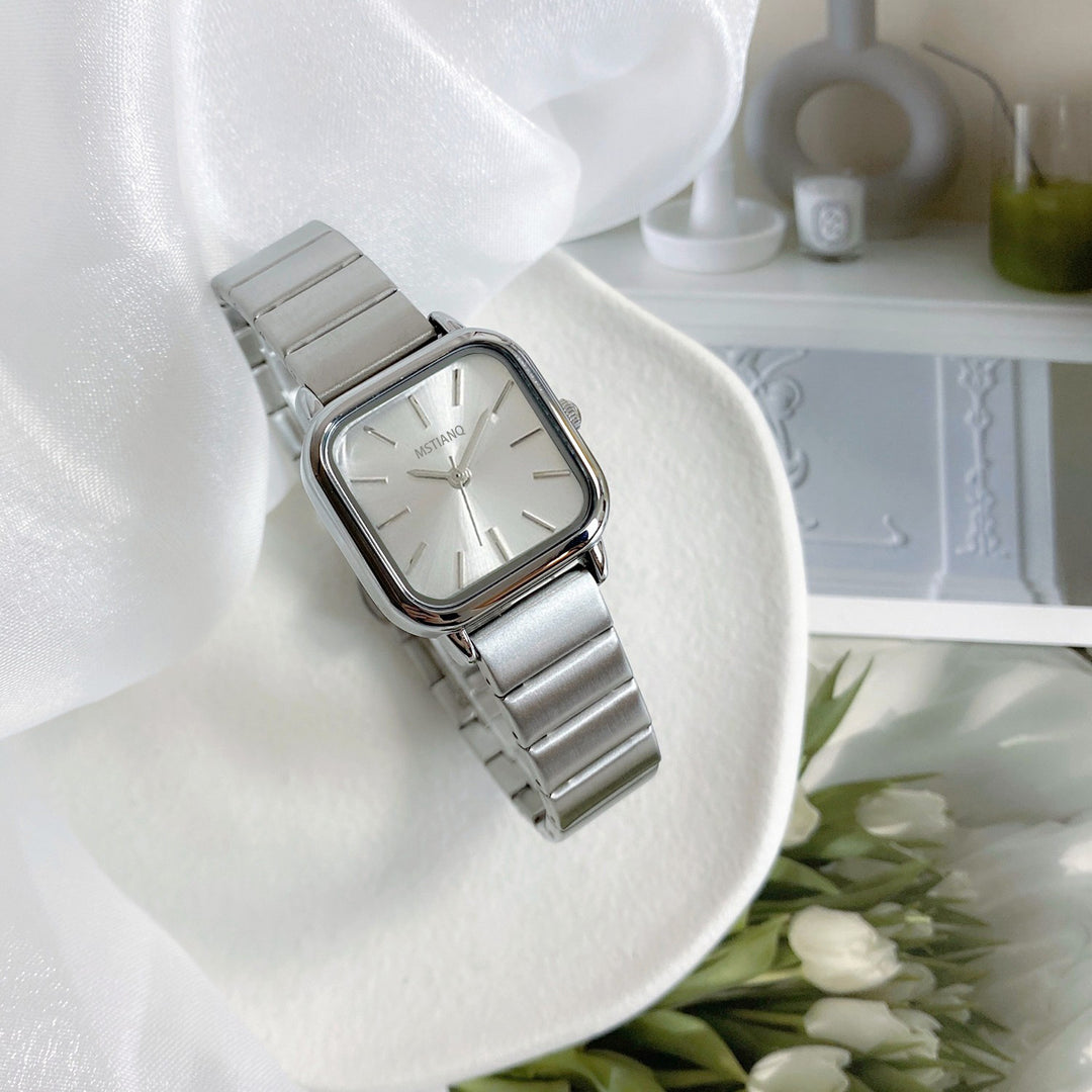 Collegiate-Style Square Watch with Bamboo-Texture & Sunray Dial
