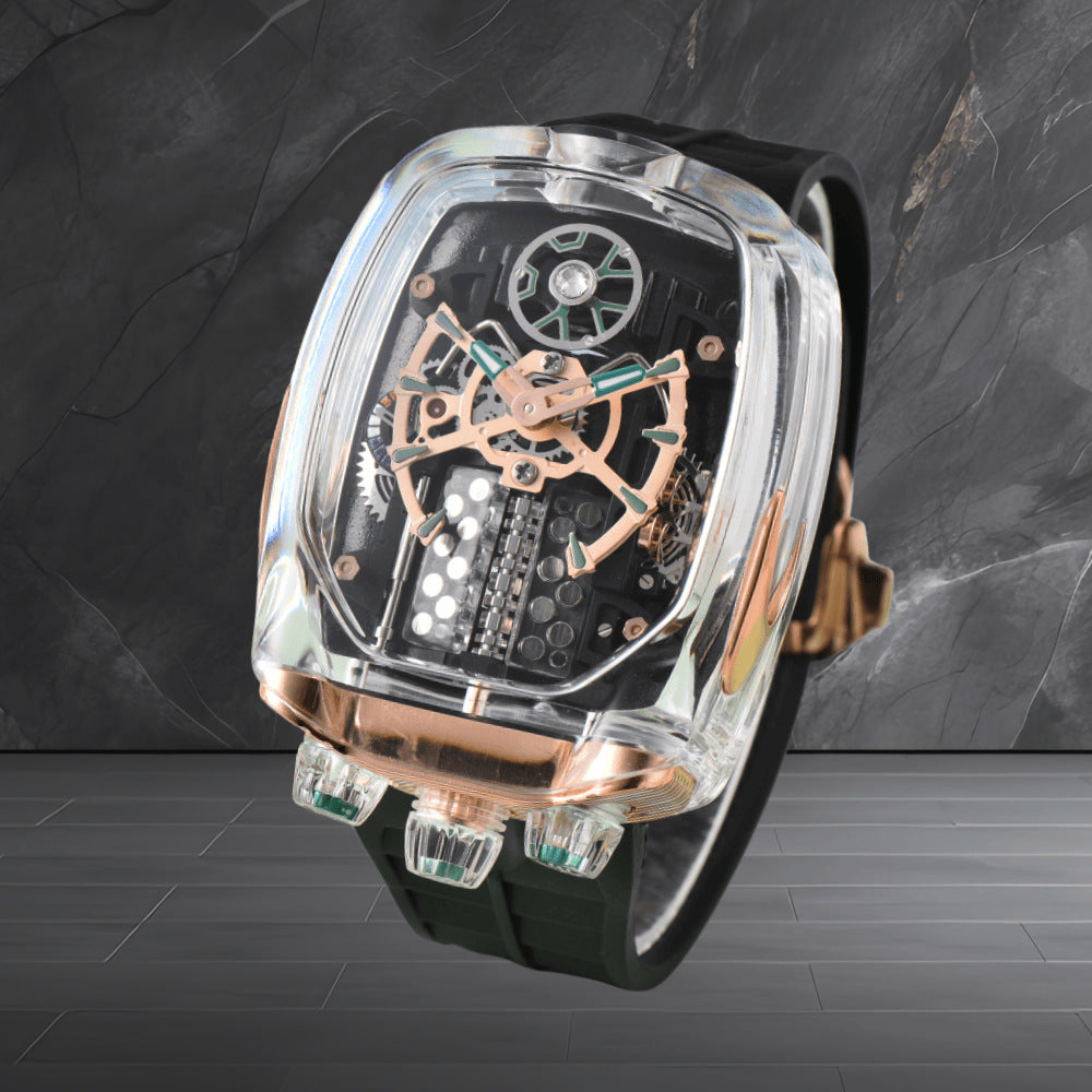 W16 Engine-Style Watch with Sparkling Transparent Crystal Case