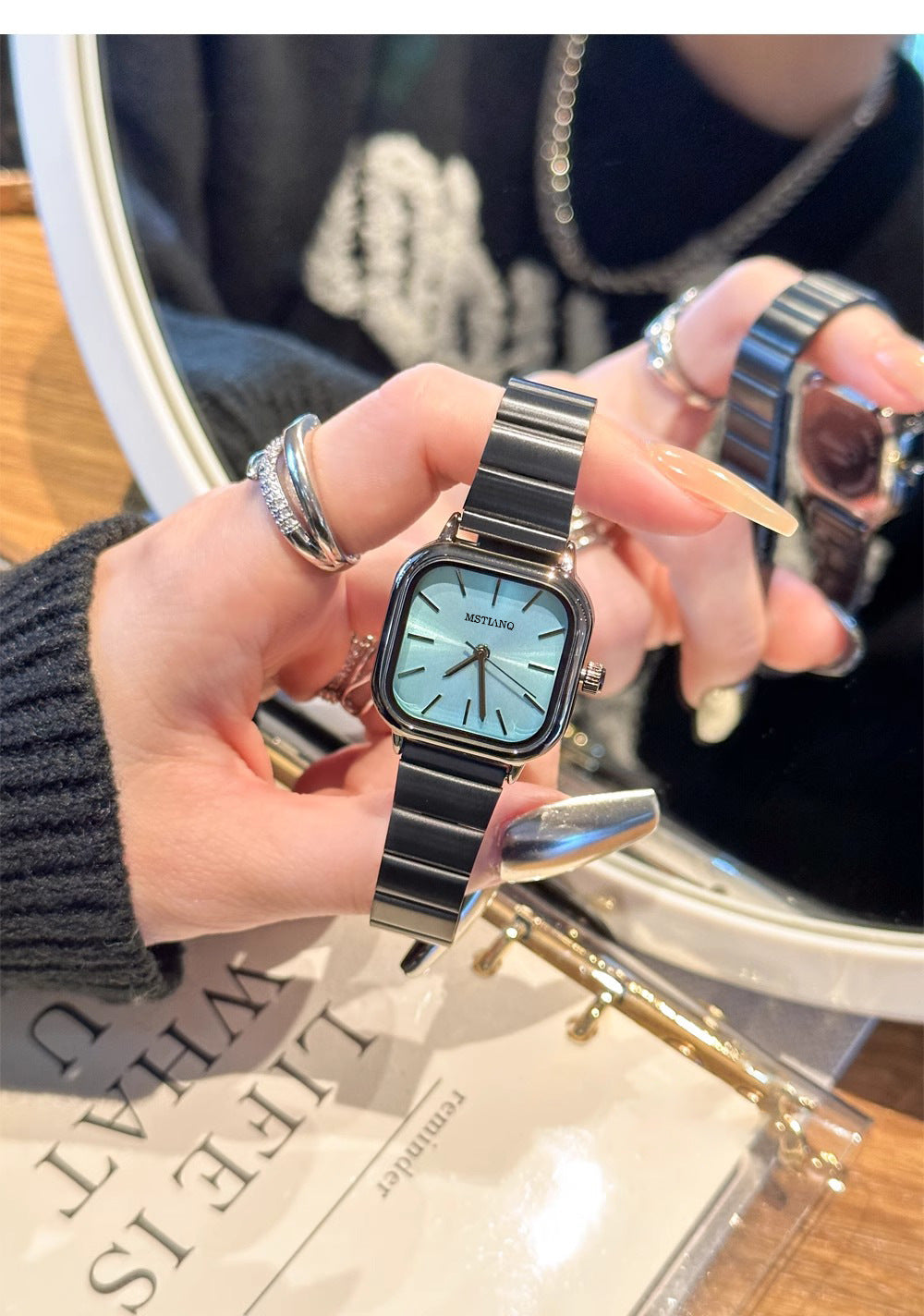 Bamboo-shaped strap artistic square dial women's watch