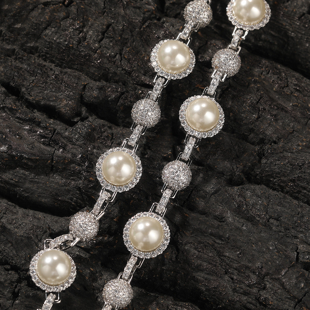 Hip-Hop Silver Pearl Necklace with Diamond Accents