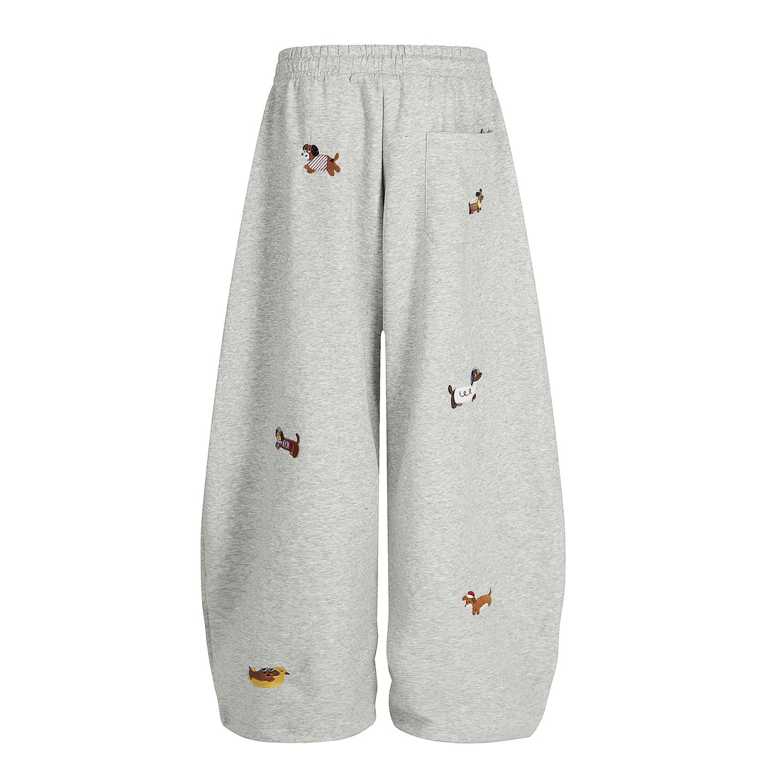 Cartoon Dog Print Straight-Leg Trousers Curved-Cut Casual Pants