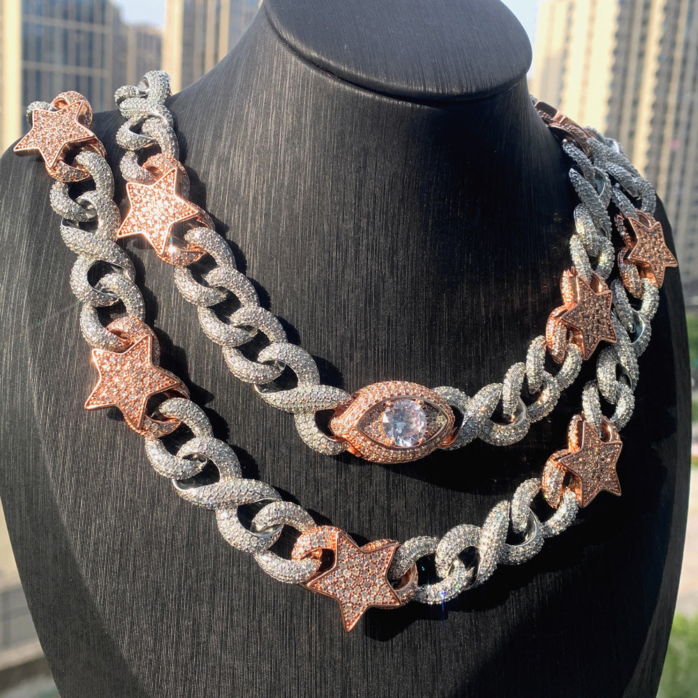 Hip-hop figure-eight Cuban chain two-tone star and eye pendant