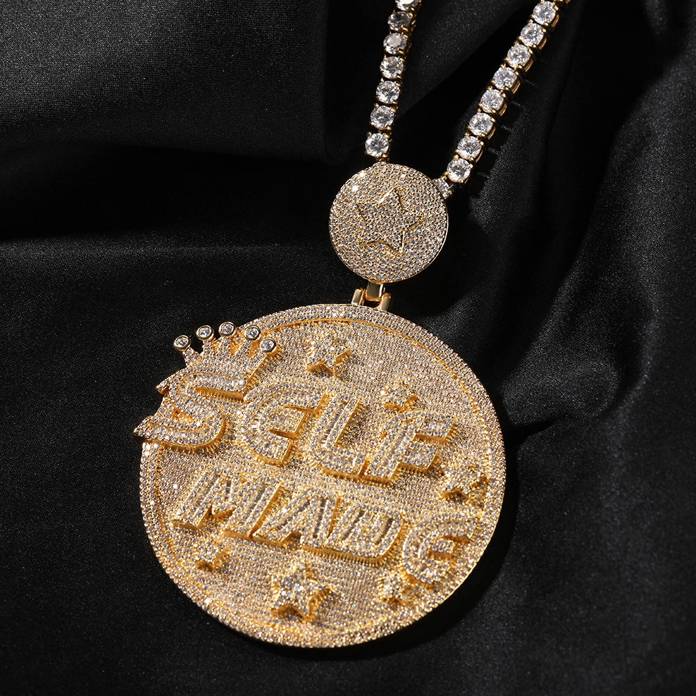 Self made hip-hop large diamond-encrusted disc necklace