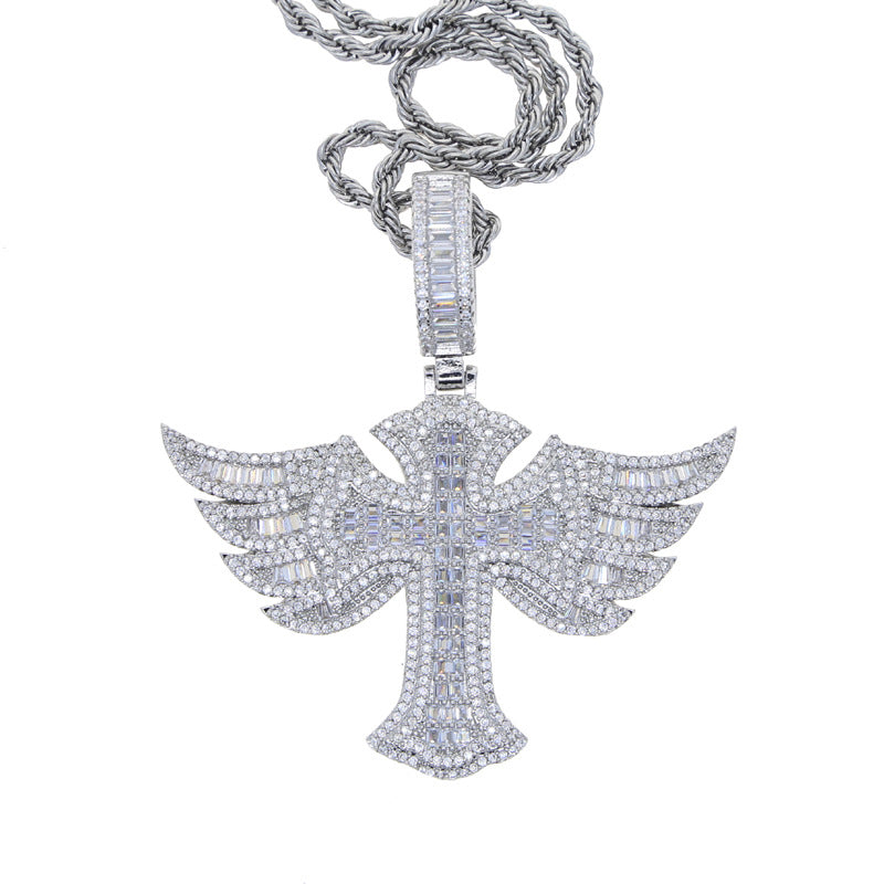 Hip Hop Winged Cross Zirconia Pendant Necklace
