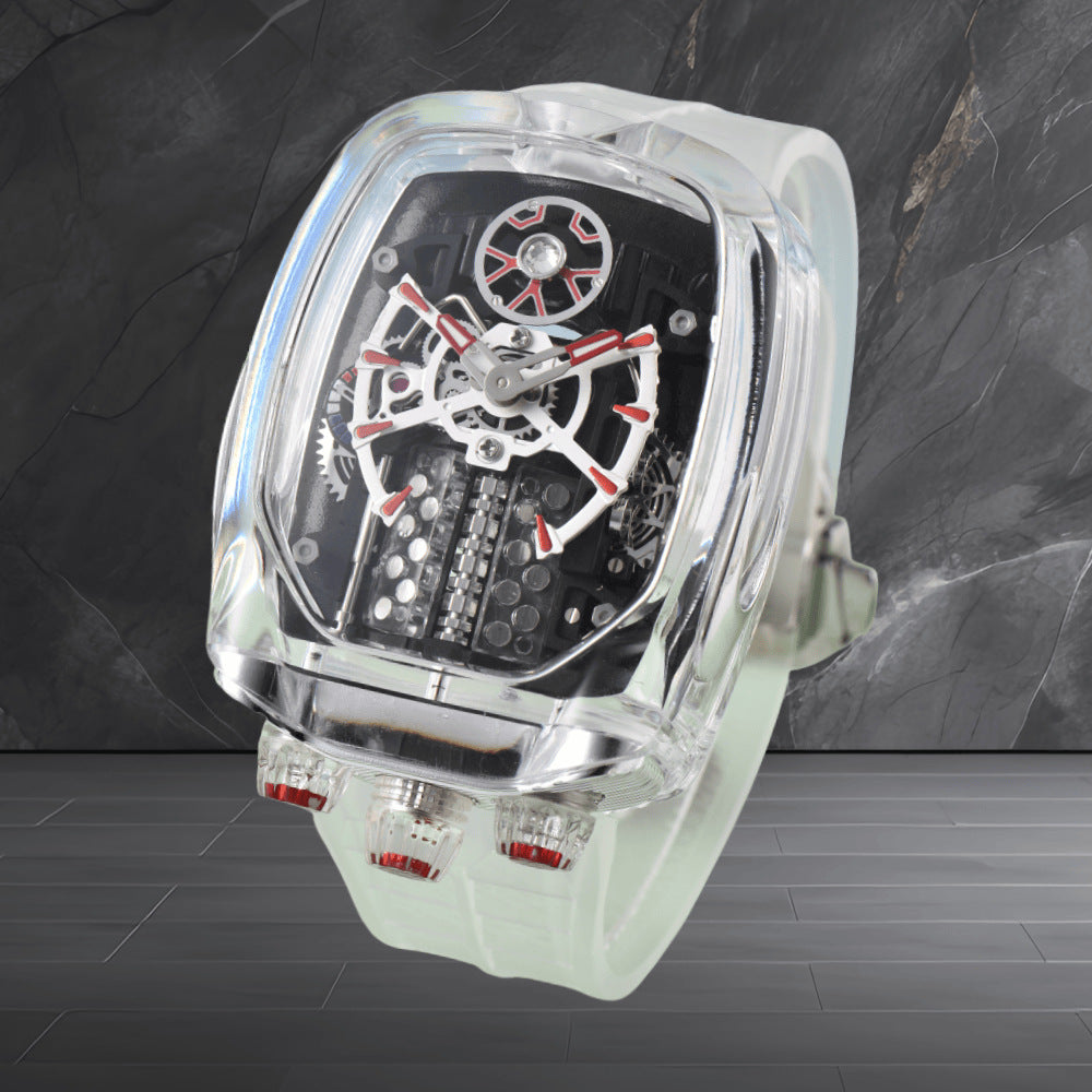W16 Engine-Style Watch with Sparkling Transparent Crystal Case
