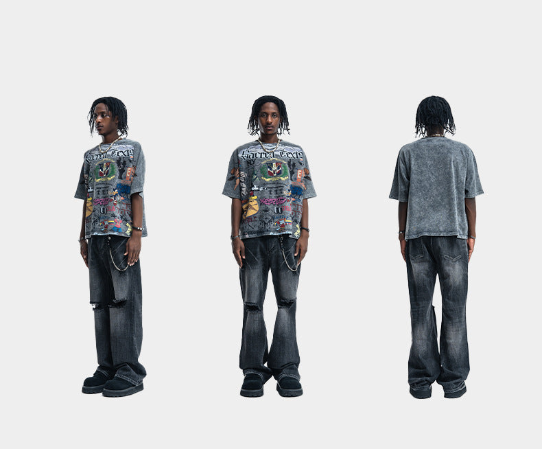 Vintage-Style All-Over Cartoon Print T-Shirt Washed & Distressed