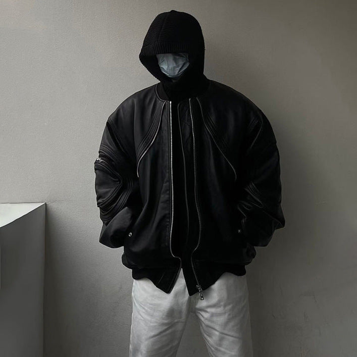 Workwear windproof leather loose-fitting bomber jacket