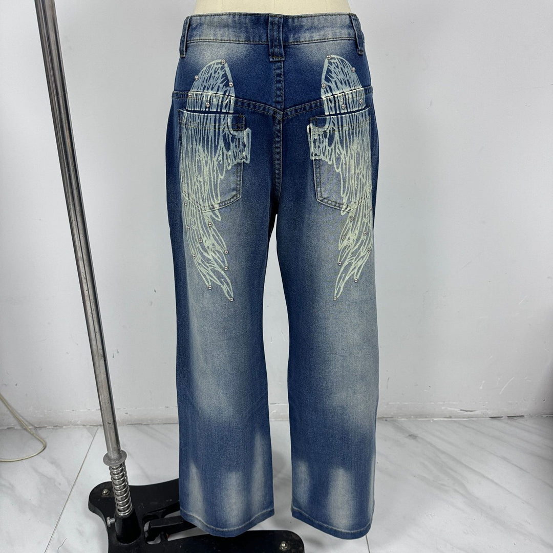 Washed & Distressed Wide-Leg Jeans with Gradient Wing Print