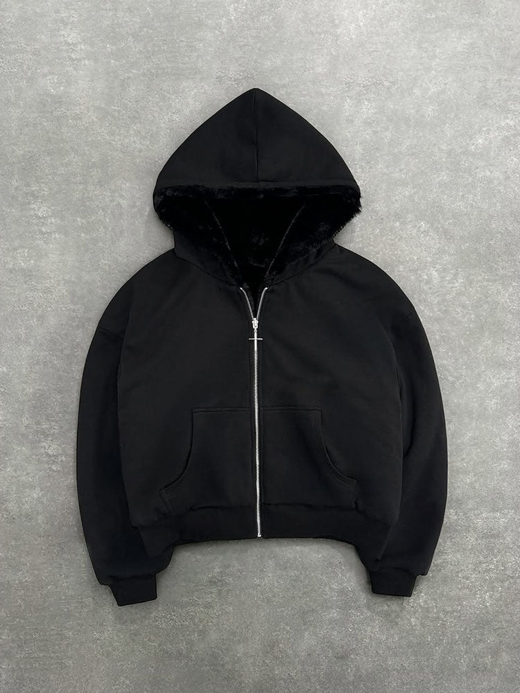 Reversible retro leopard print zip-up hooded sweatshirt