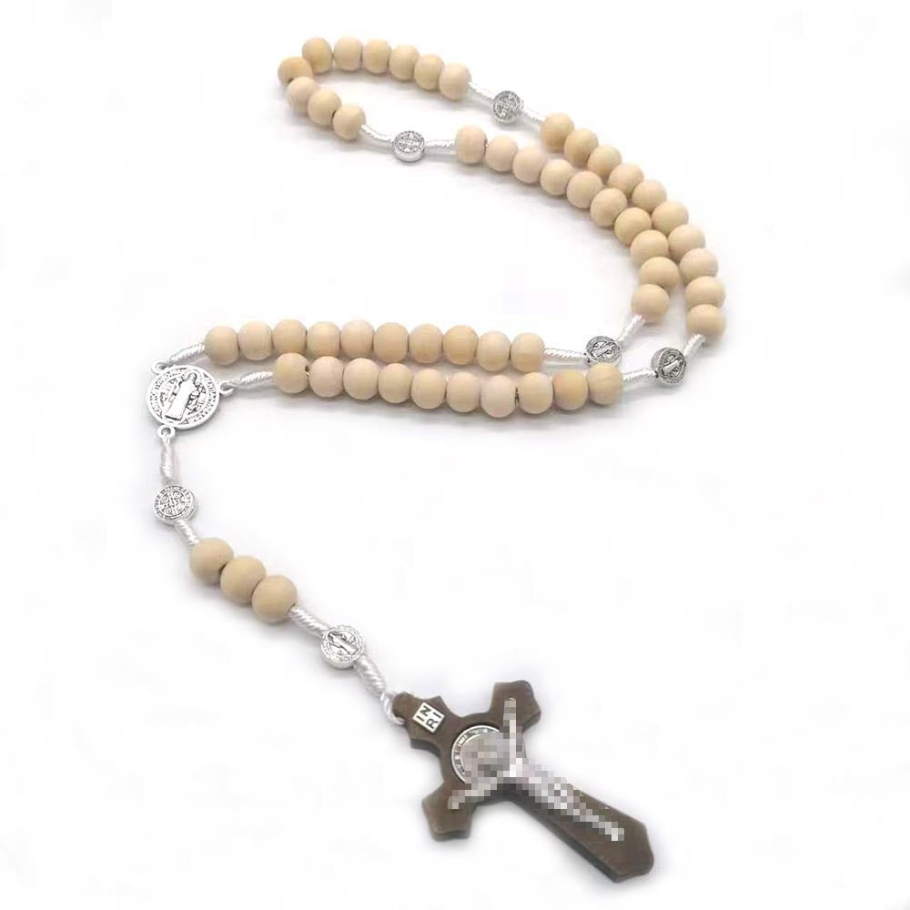 rosary necklace natural wooden beads