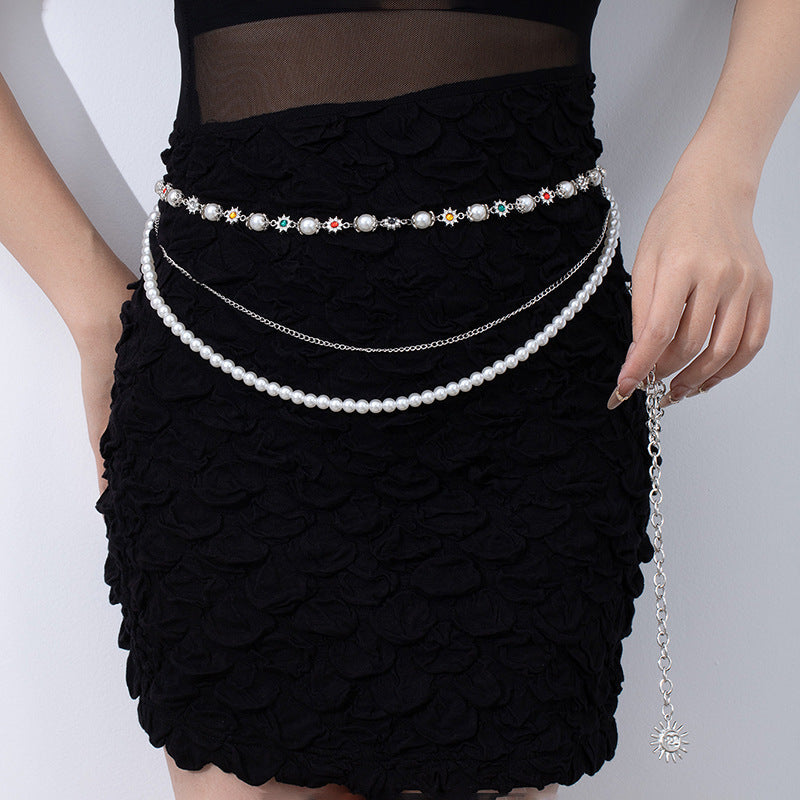 Rhinestone & Pearl Jewelry Set: Bracelet, Necklace, and Waist Chain