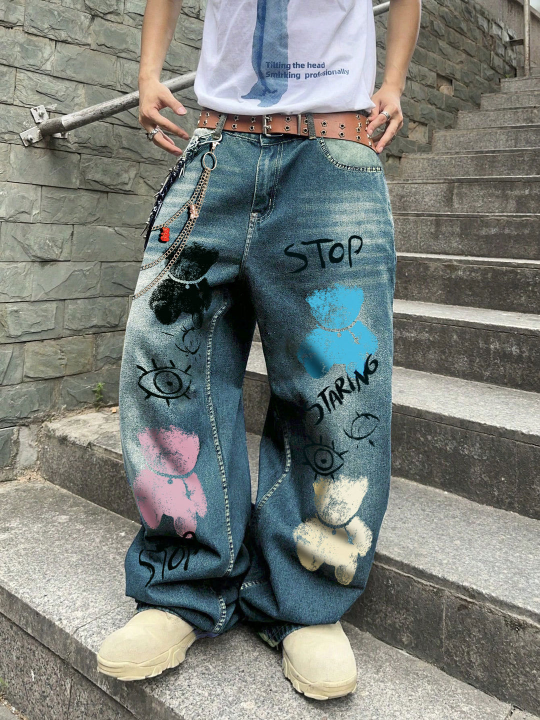 Wide-Leg Denim Jeans with Bear Eyes Print