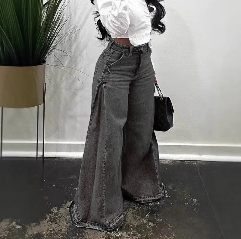 Washed wide-leg patchwork jeans for women