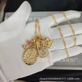 Chrome Hearts Gold Diamond Small Cross Pendant Angel Medal Necklace