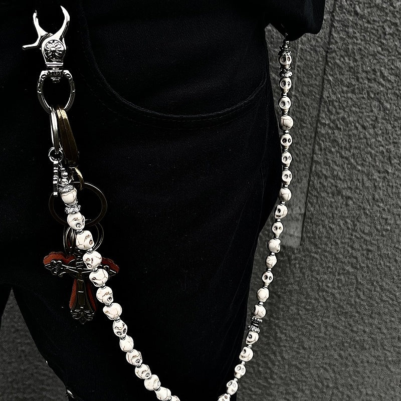 Vintage White Skull Beaded Cross Waist Chain/Pants Chain