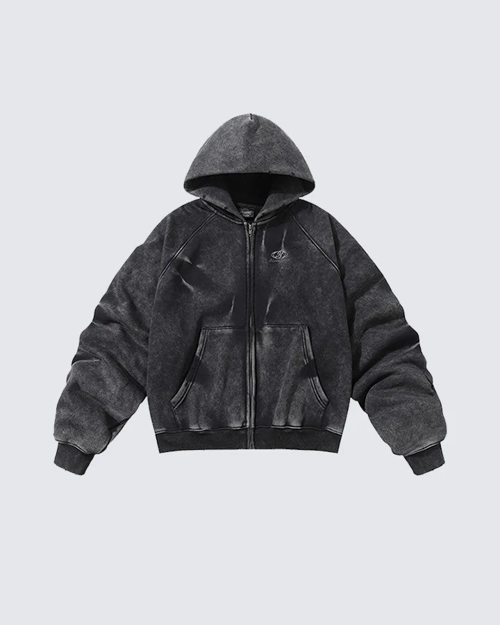 Distressed washed and pleated hooded sleeves