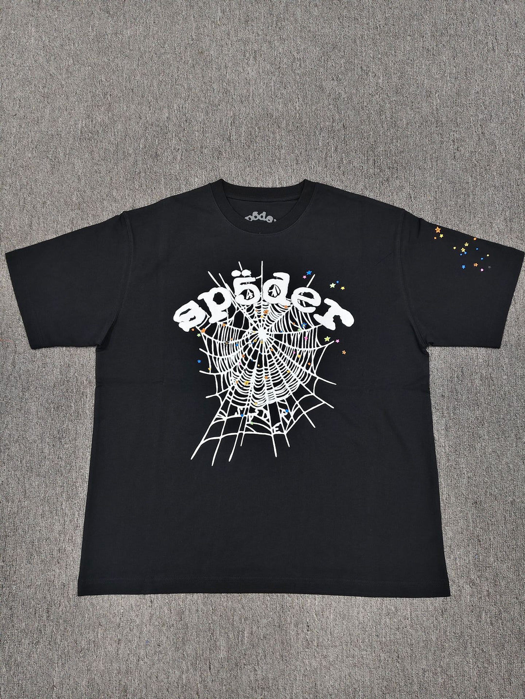 Hip-hop SP5der loose-fitting spider web T-shirt with lettering