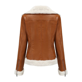 Autumn and winter fleece leather women's warm long-sleeved lapel coat jacket