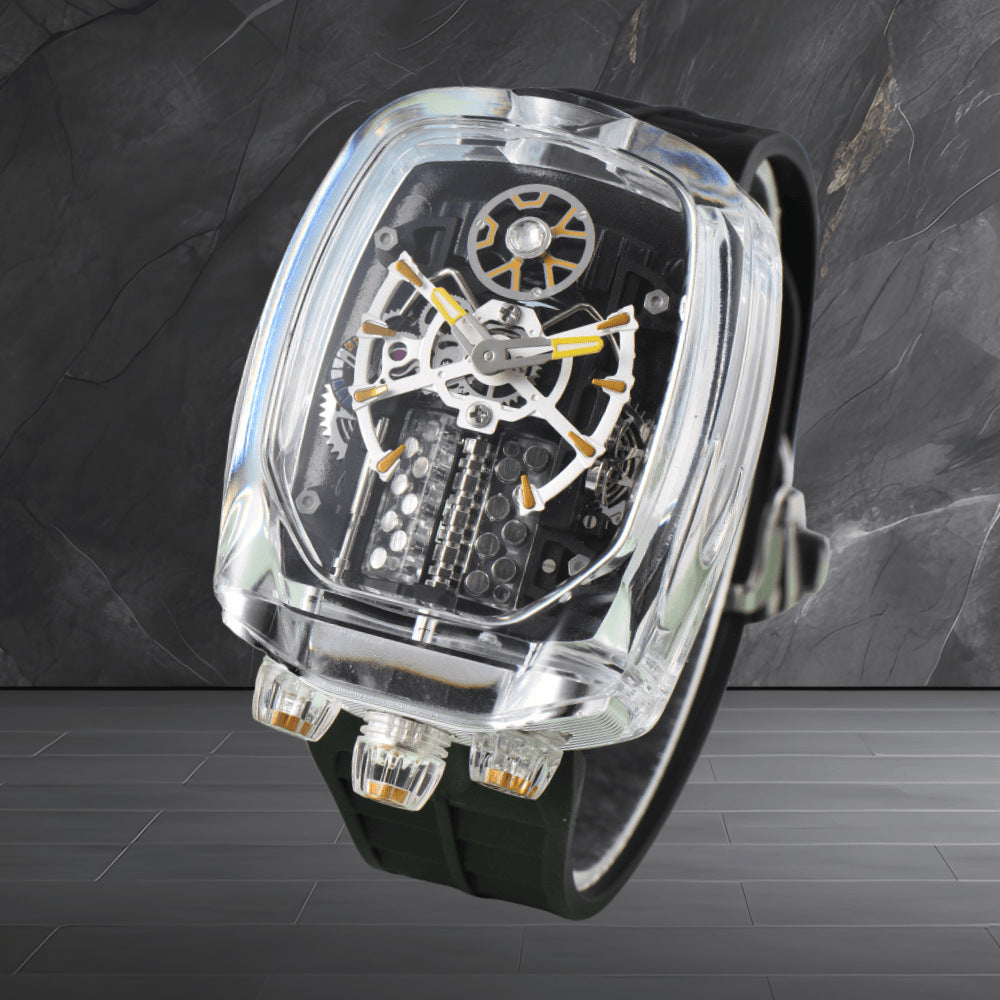 W16 Engine-Style Watch with Sparkling Transparent Crystal Case