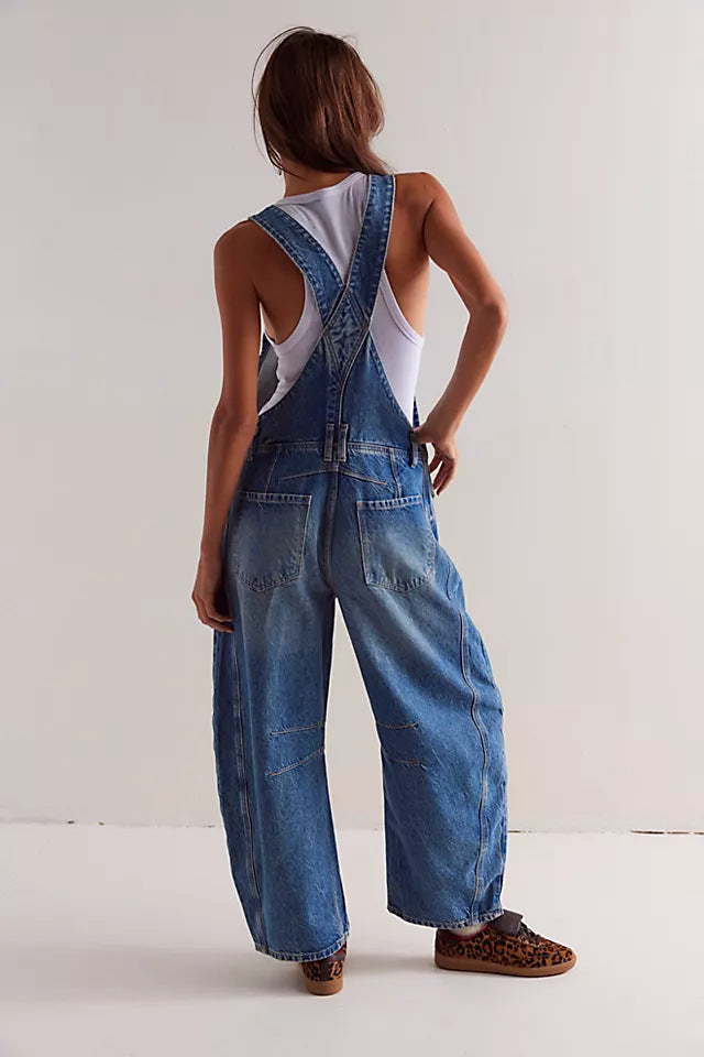 Washed Vintage, Loose-Fit, Straight-Leg Cargo Denim Overalls