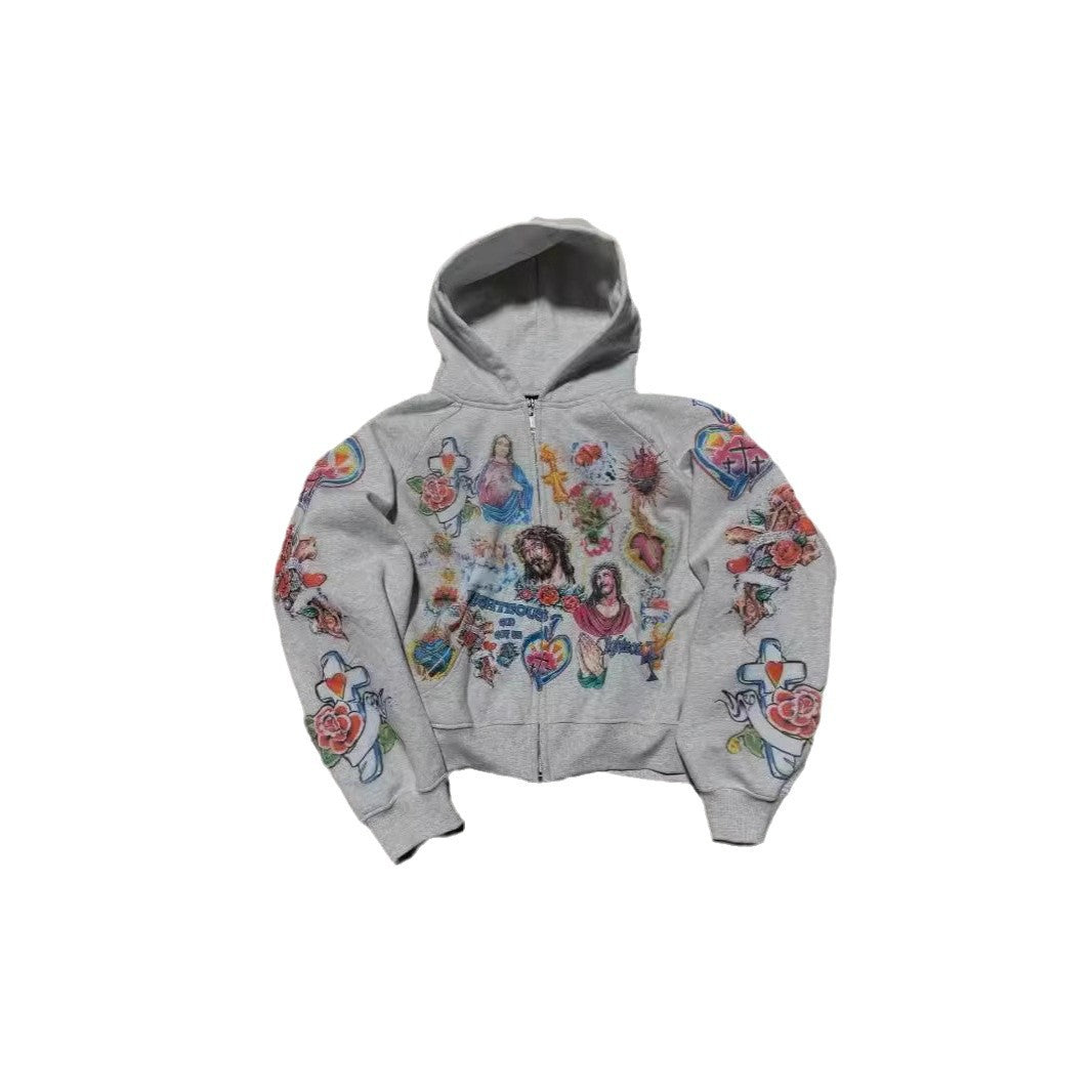 RIGHTEOUS Jesus Cross Cartoon Hooded Zip-up Sweatshirt