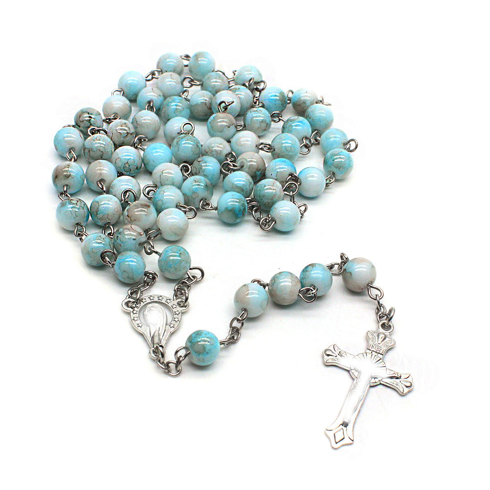 Zebra Blue Rosary Necklace Cross Necklace