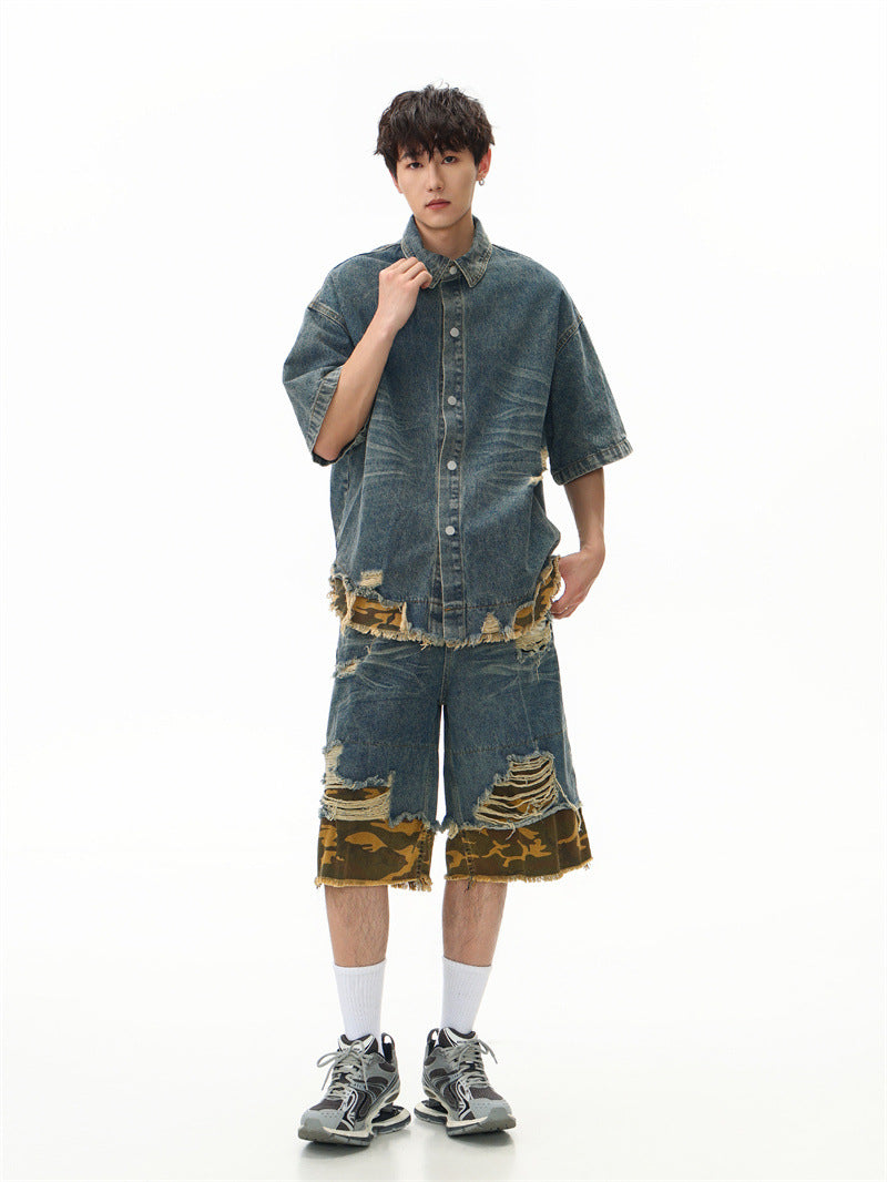 Raw-Hem Leopard-Print Patchwork Denim Shirt & Shorts Set