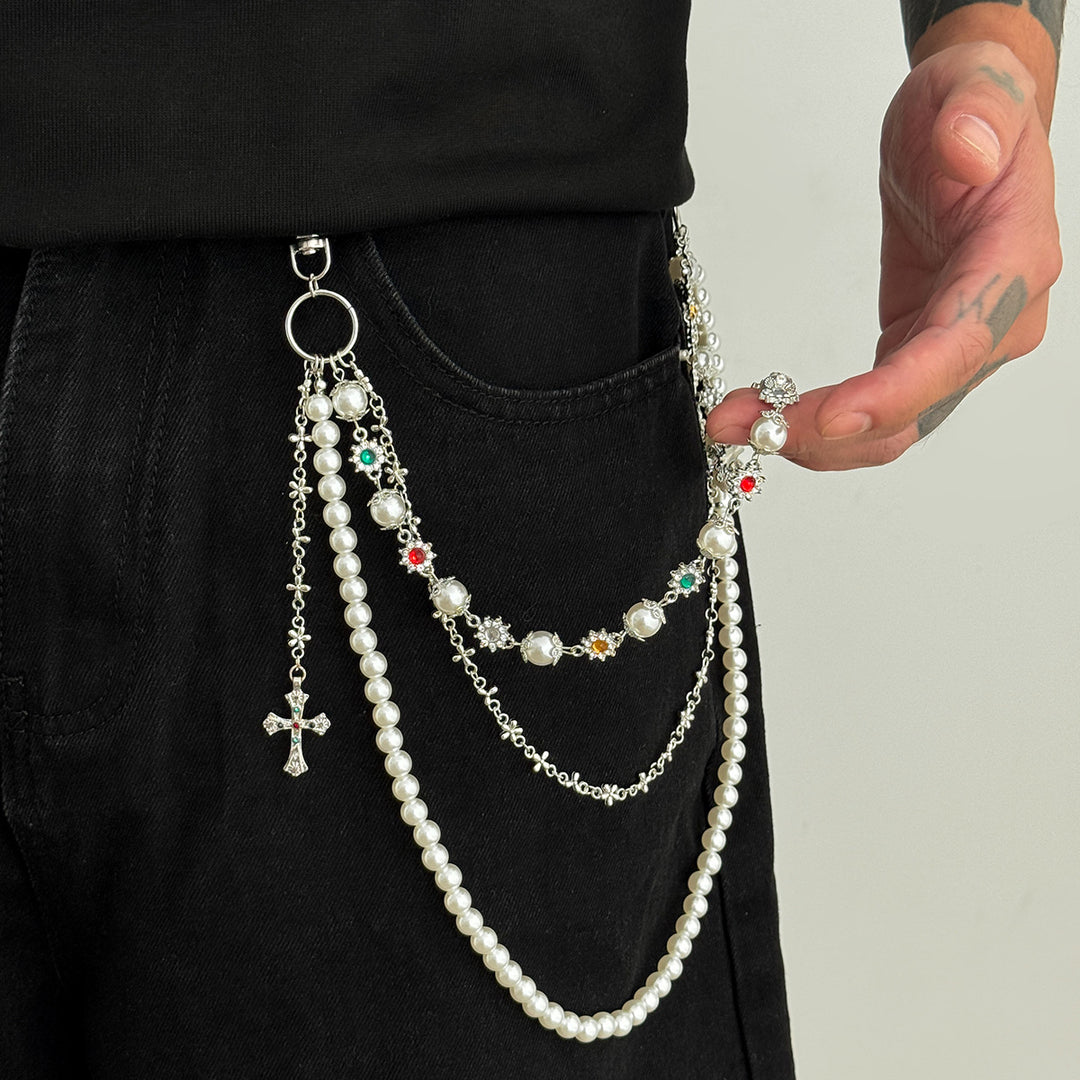 Pearl, Multi-Gemstone, Cross & Floral Pant Chain