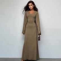 Autumn Fashion Loose U-neck Back Tie Long Sleeve Dress