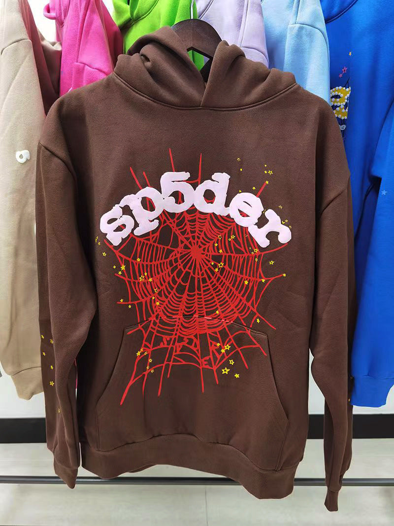 Sp5der fleece-lined hoodie with spiderweb print.