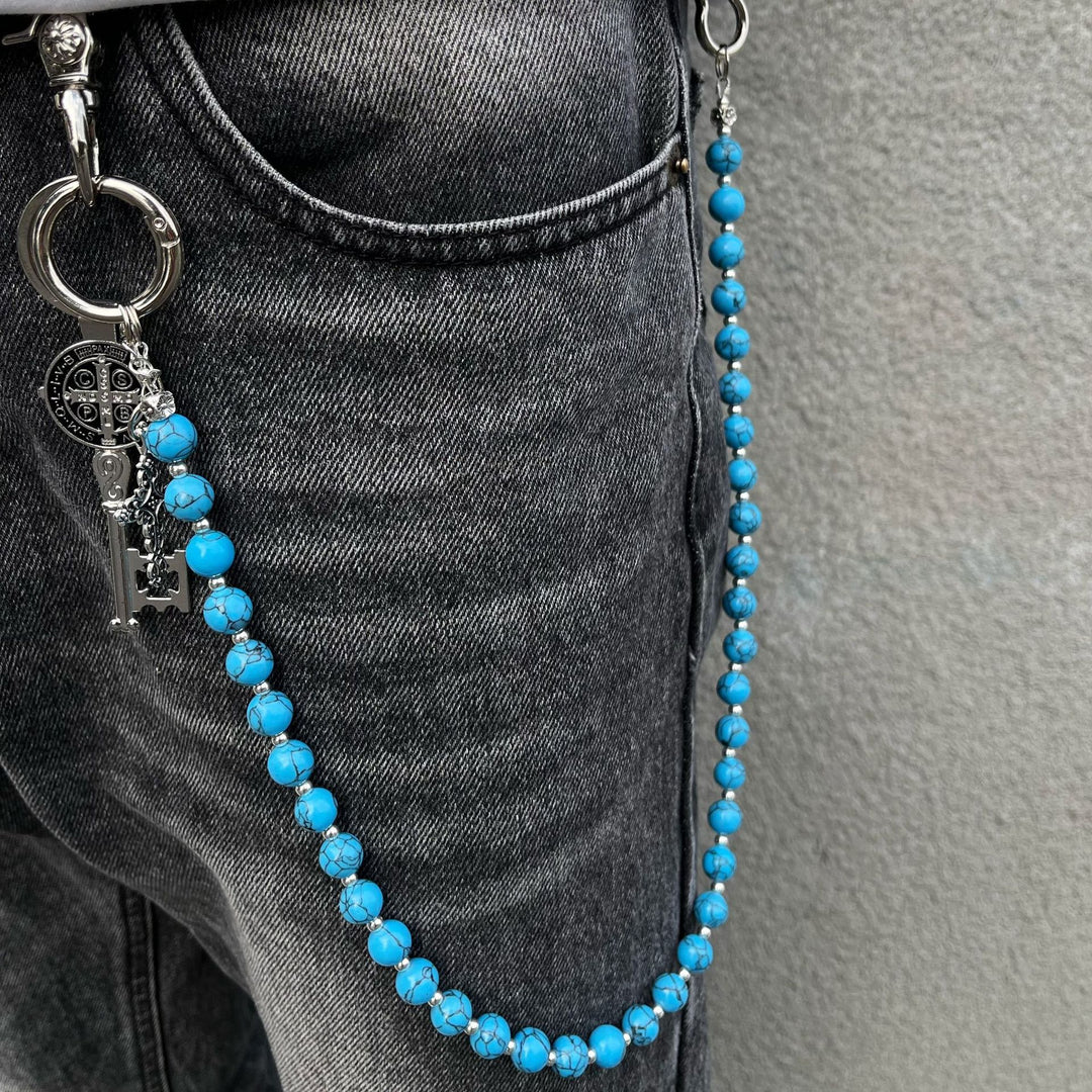 blue crack stone round bead chain