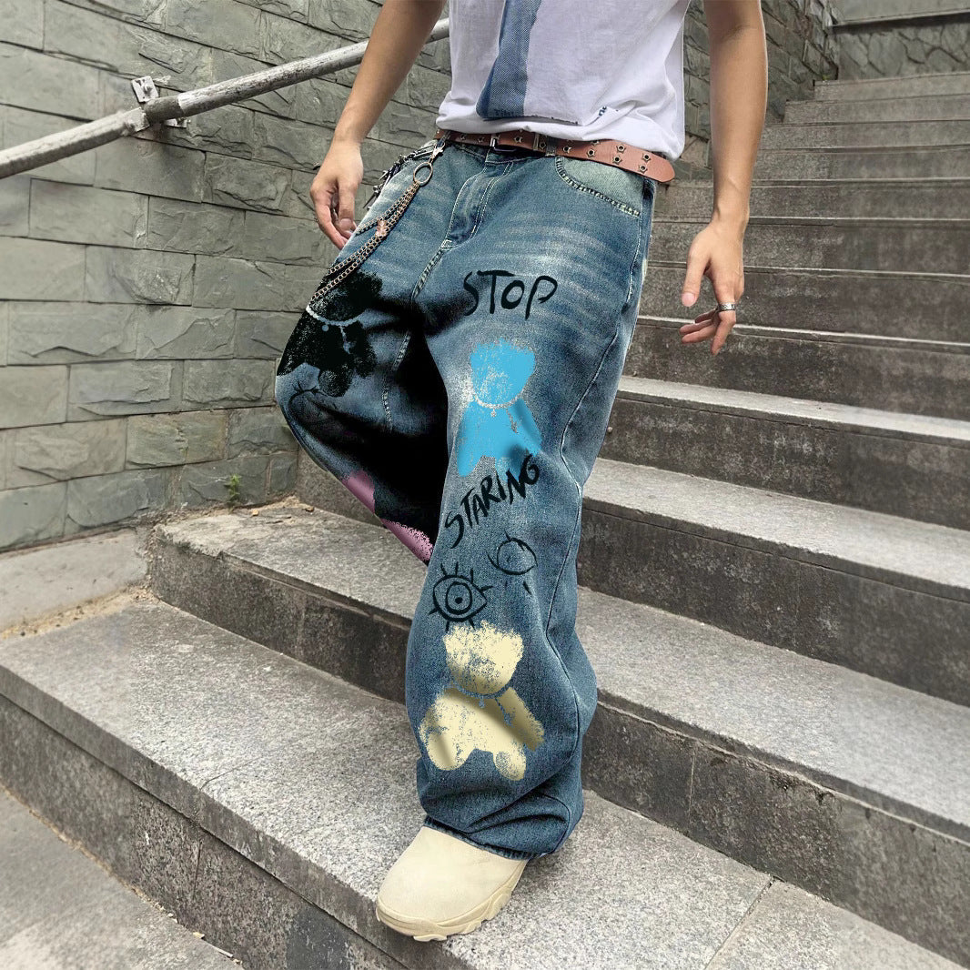 Wide-Leg Denim Jeans with Bear Eyes Print