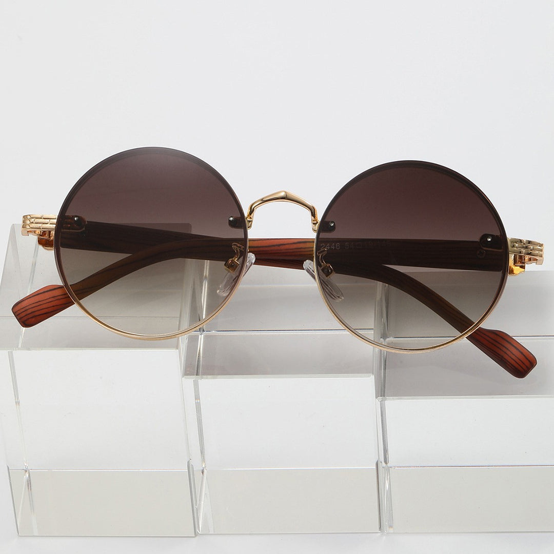 Retro round punk metal sunglasses with wood grain temples