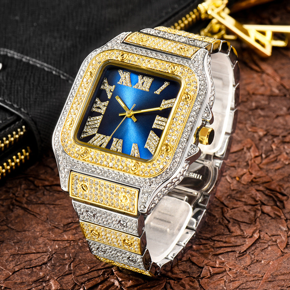 Roman Dial Marker High-End Hip Hop Style Diamond-Studded Square Watch
