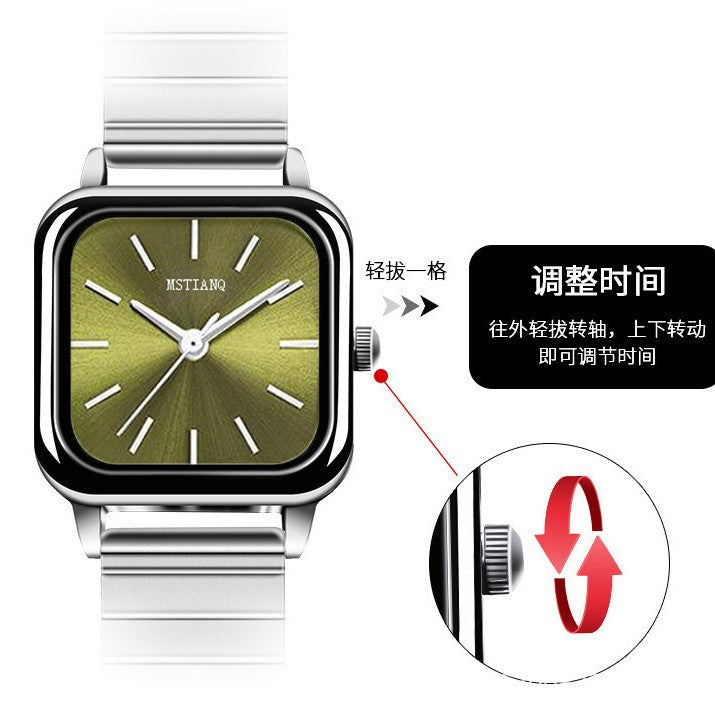 Square-Dial Student Watch with Bamboo-Link Steel Band