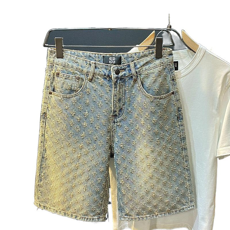Loose Straight Leg Ripped Jacquard Five-Point Shorts