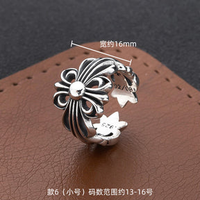 S925 sterling silver chrome hearts cross flower retro open ring