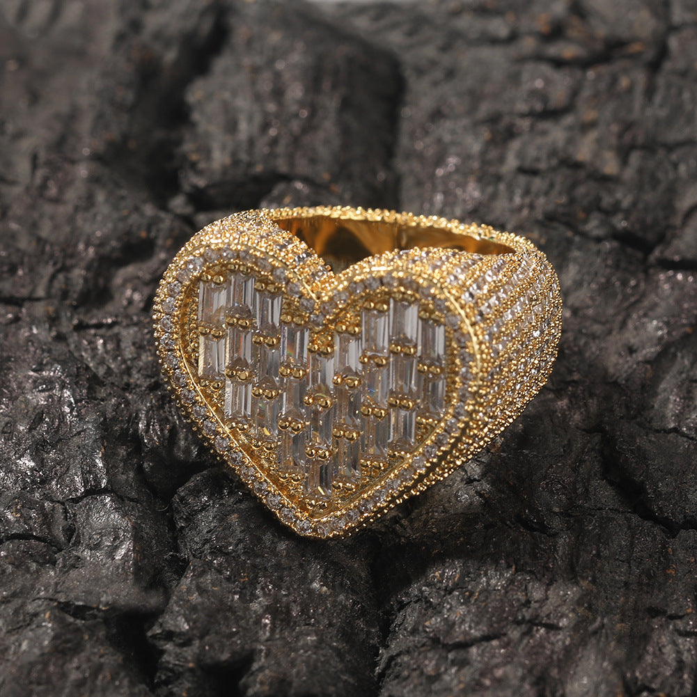 Hip-Hop T-Square & Heart-Shaped Zirconia Ring