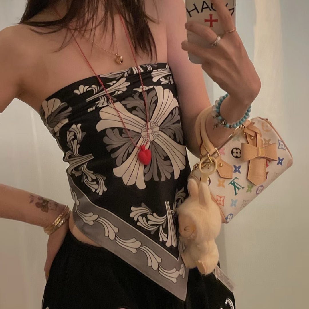 Chrome Hearts-Style All-Over Print Silk Bandeau Top