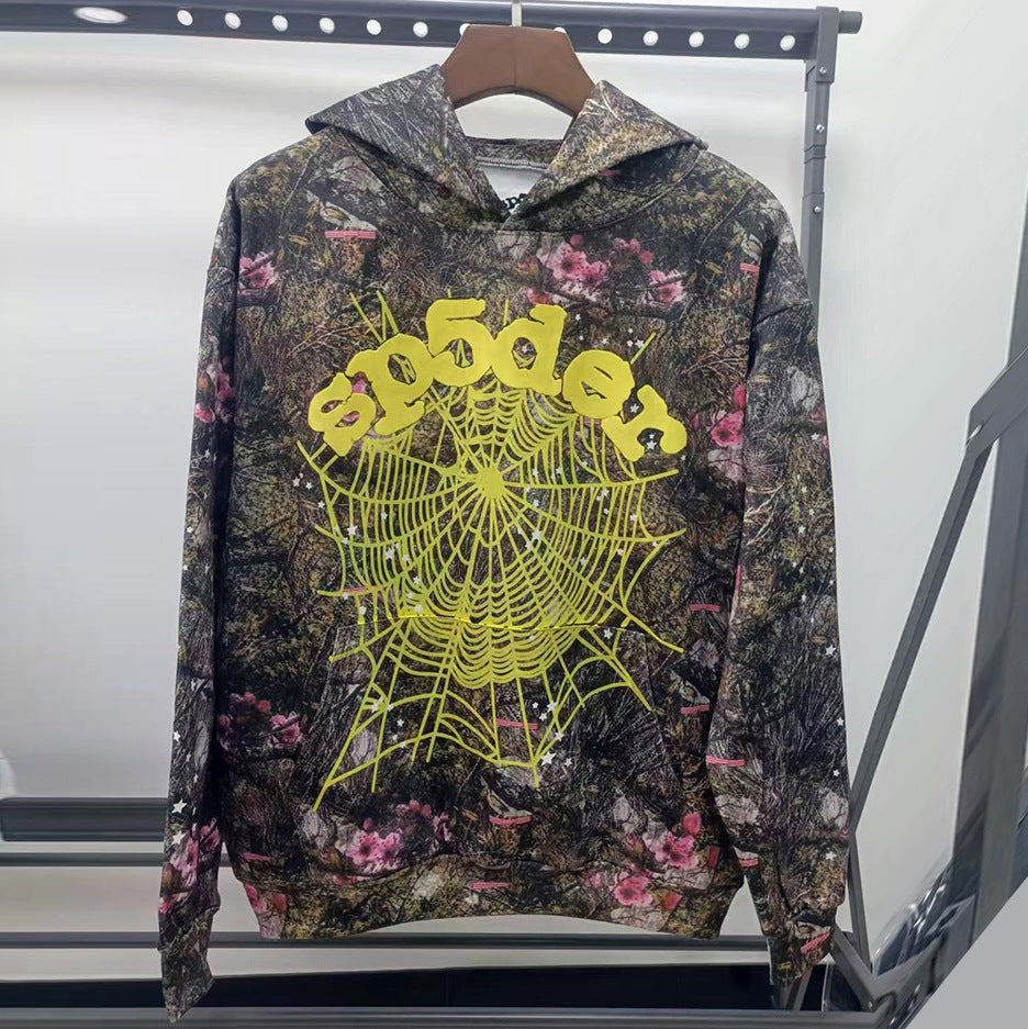 Sp5der fleece-lined hoodie with spiderweb print.