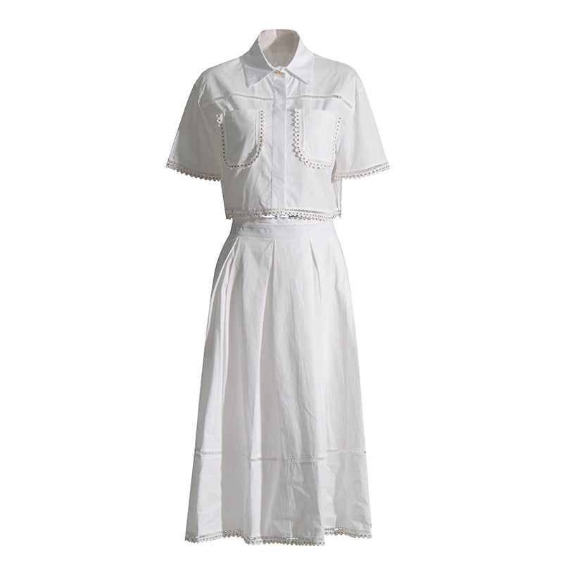 Lapel short-sleeved shirt + skirt lace embroidery two-piece suit for women